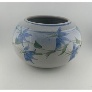 Vintage Signed KORN 94 Ceramic Vase Blue Floral Round Pottery Art Decor